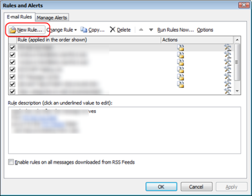 The rules &alerts section with the new rule button highlighted in red.