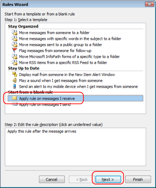 The rules wizard to create a new rule with the button to apply the rule onto messages I receive and the next button highlighted in red