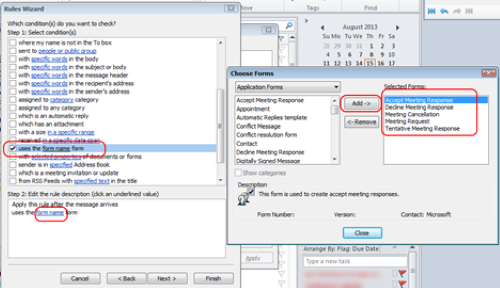 The settings for the rules with the Uses the Form Name form, the form name link, the add, and the accept meeting response all highlighted in red