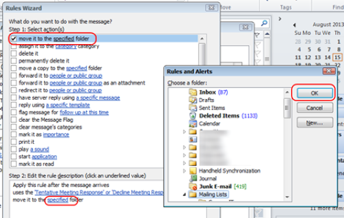 The rule wizard menu with move it to the specified folder, a link to the specified folder, and the okay button to press after selecting a folder highlighted in red