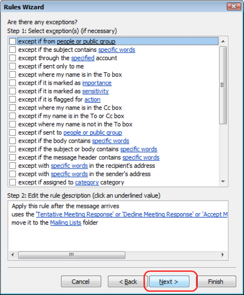The rules wizard showing all of the exceptions with the next button highlighted red