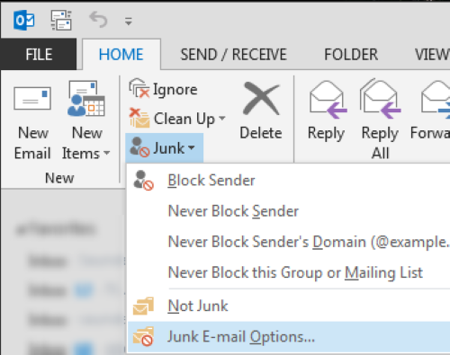 The junk email options highlighted within the junk category