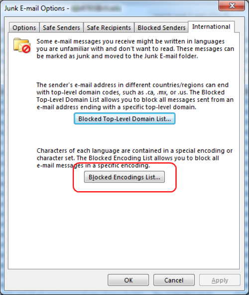 the international section of the Junk E-mail Options with the Blocked Encoding List highlighted in red