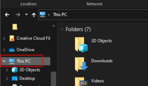 File explorer with the This PC section highlighted in red
