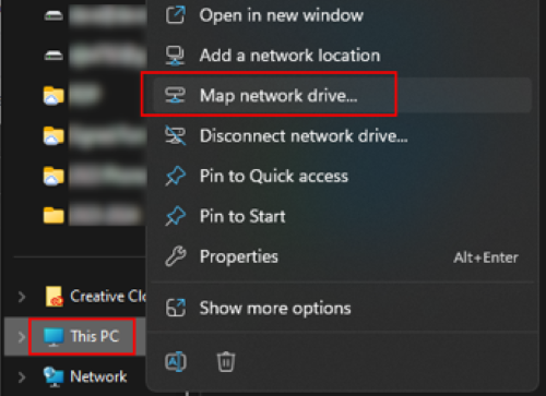 The right-click menu on This PC with the Map network drive section highlighted in red
