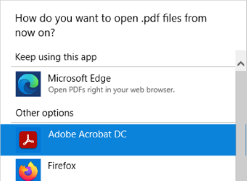 All of the options of where to open a pdf with Adobe Acrobat DC highlighted in blue
