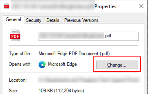 The settings after you right click on a pdf and the button to change the default place to open a pdf highlighted in red