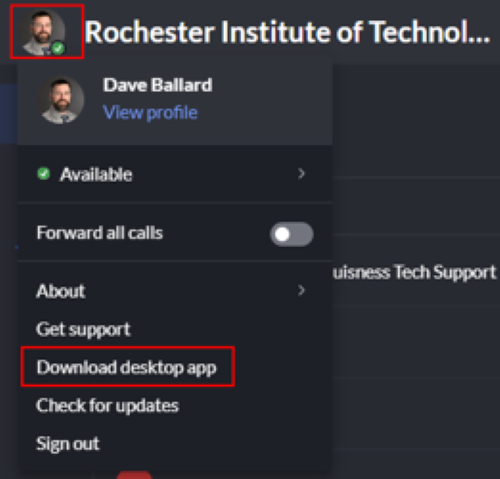 The drop down of your profile with the download desktop app button highlighted in red