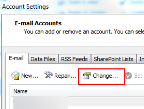 The account settings with the change button highlighted in red