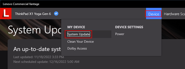 The main screen of Lenovo Commercial Vantage with the Device drop down and the system updates option highlighted in red