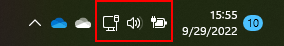 The settings bar at the bottom of the screen with the internet, volume, and power icons highlighted in red