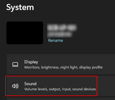 The system settings view with the sound portion highlighted in red