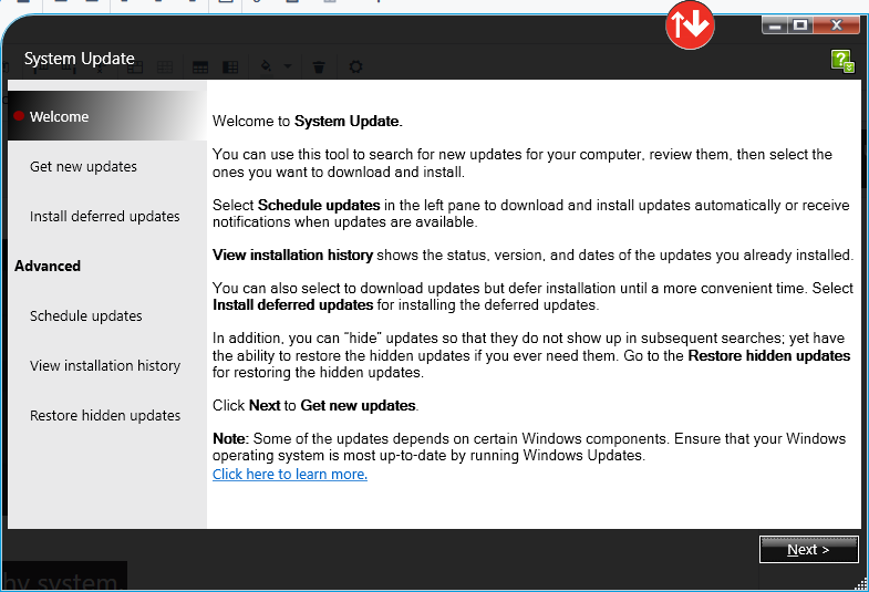 The main System Update screen