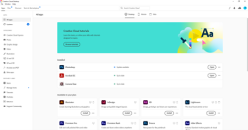 The main adobe creative cloud homepage to download all adobe products