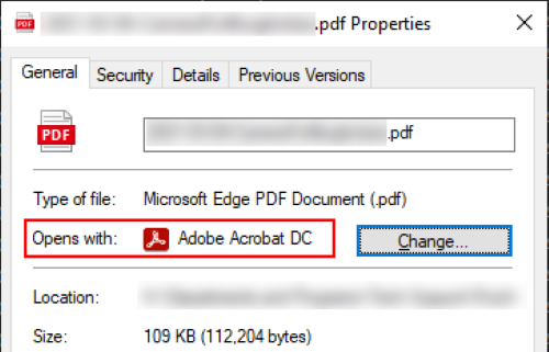 The display now shows Adobe Acrobat DC as what pdfs open with highlighted in red