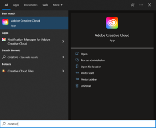 The adobe creative cloud pop up from a start menu search