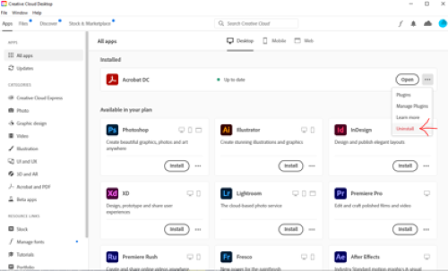 The install section of adobe with the uninstall button highlighted with a red arrow