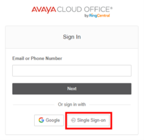 The sign in page with the necessary Single Sign-on button highlighted in red