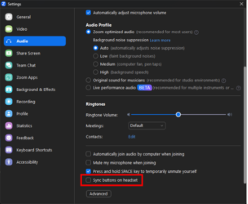 The unchecked Sync Buttons on headset highlighted in red