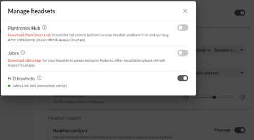 The manage headsets subsection with HID headsets selected and turned on