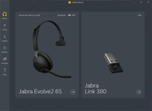 The Jabra direct software showing the connection to both the headset and the USB