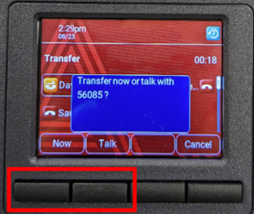 The buttons to transfer or talk to the person dialed highlighted in red