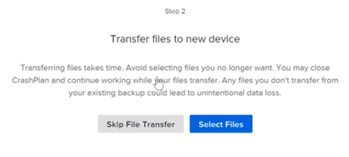 The screen to choose whether or not to restore your files, with a Skip File Transfer button and a Select Files button