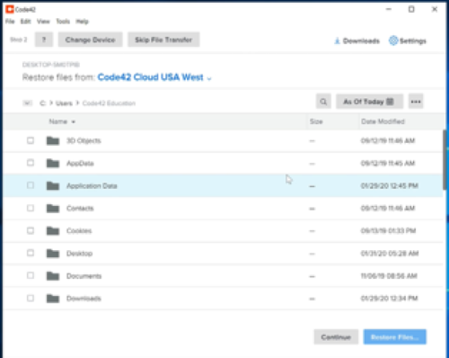 Crashplan's screen of all files that have been backed up with the ability to select all the files or only some of the files