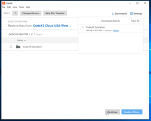 The main screen of the file selector with the restoring download taking time
