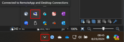The system tray with the RemoteApp highlighted in red