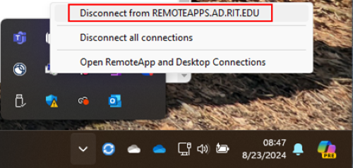 The options for RemoteApps with Disconnect from RemoteApps.ad.rit.edu highlighted in red