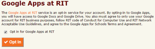 The Opt in screen and button for the Google Apps at RIT