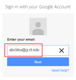 The sign in section of google drive with the example email highlighted in red
