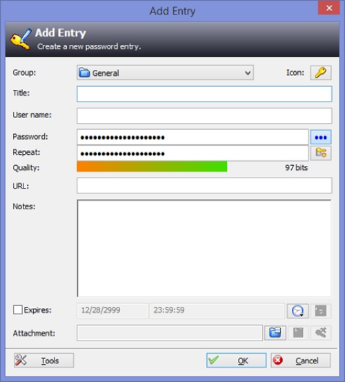 The new entry menu to add a new username and password