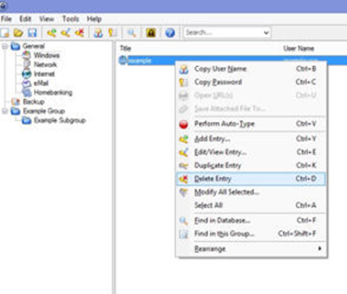The right click menu of a password entry with the delete entry option highlighted
