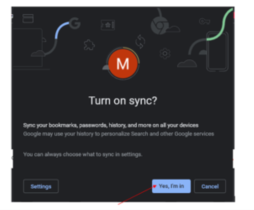 The sync menu with an arrow pointing to the Yes, I'm In button to turn on sync