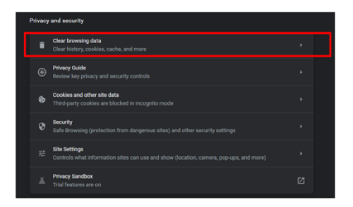 The settings showing where to clear the browsing data highlighted in red