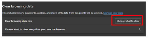 The Microsoft edge selector of what browsing data will be removed highlighted in red.