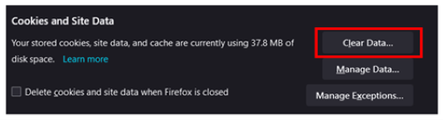 The Firefox settings button to clear data highlighted in red