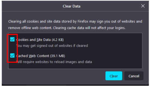 The selectors of what data can be deleted both checked off and highlighted in red