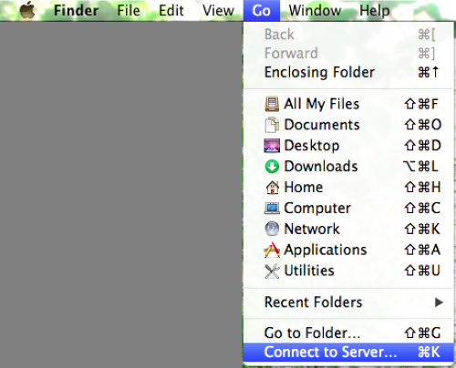 The MacOS drop down from the go section to connect to a server