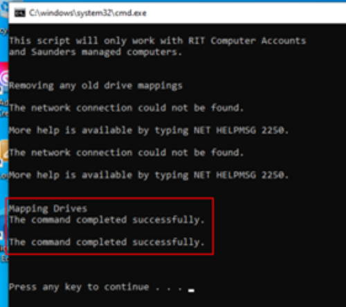 The command prompt with the info of mapping the drives highlighted in red
