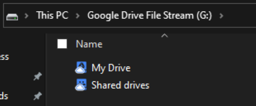 The inside of Google Drive File Stream showing My Drive and Shared Drives from your own google drive