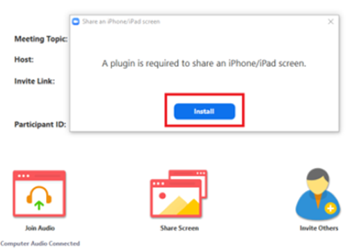 The install button highlighted in red for the install of a plugin to share an iPhone/iPad