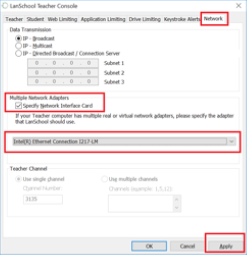 The teacher console of LanSchool with the Network, Multiple Network Adapters the Ethernet connection and apply button highlighted in red